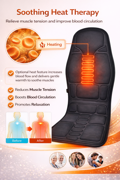 Black vibrating back and seat massager cushion with handheld remote control for chair or car use. 3