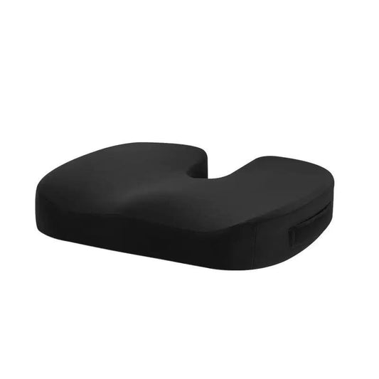  Black vibrating massage chair pad with remote control for neck, back, and thigh relief. 