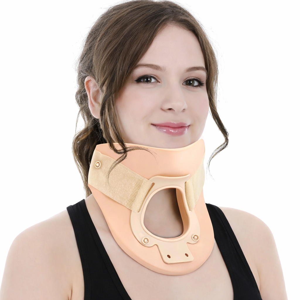 Cervical neck brace with tracheostomy opening for neck stabilization and spinal support. 1