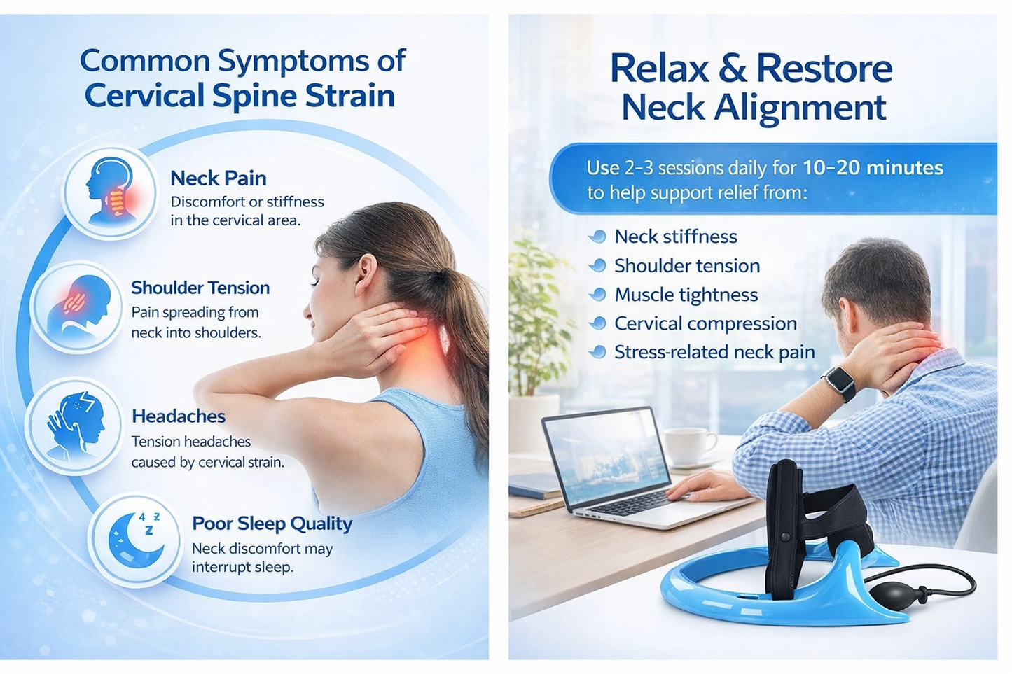 Cervical neck traction stretcher with air pump and adjustable straps for neck pain relief and spine decompression. 3