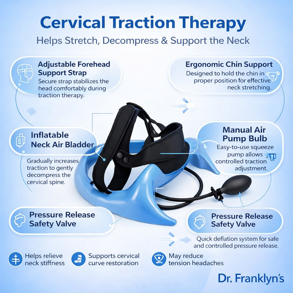 Cervical neck traction stretcher with air pump and adjustable straps for neck pain relief and spine decompression. 4