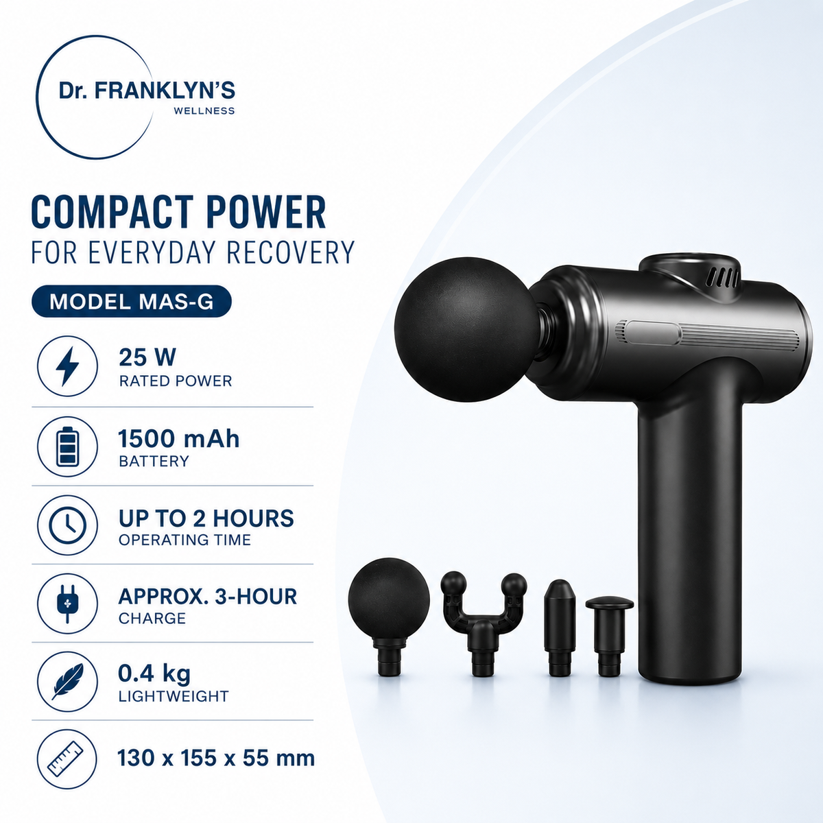 Dr. Franklyn’s Compact Deep Tissue Massage Gun with 4 Massage Heads