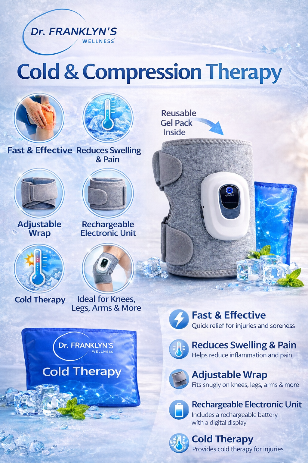 Dr. Franklyn’s Cold Compression Therapy Wrap with removable Blue Gel Pack for knee and leg pain relief. 3