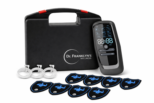 Dr. Franklyn’s Wellness TENS EMS muscle stimulator kit with electrode pads and digital controller for pain relief and muscle recovery. 