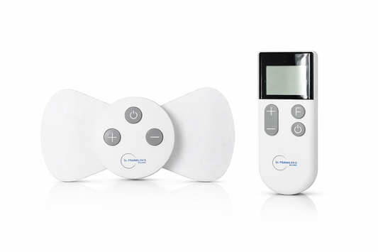 Dr. Franklyn’s Wellness Wireless TENS Unit and EMS Muscle Stimulator with Remote Control and Butterfly Electrode Pad. 