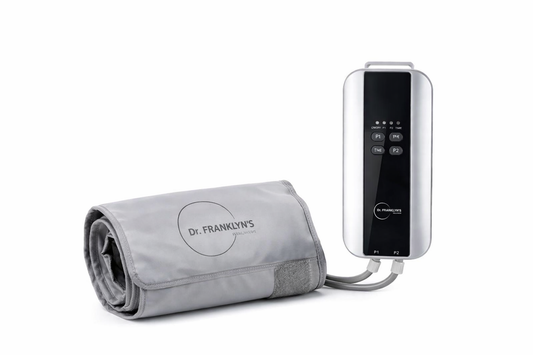 Dr. Franklyn's portable leg compression machine with grey wrap and digital controller for circulation and recovery. 