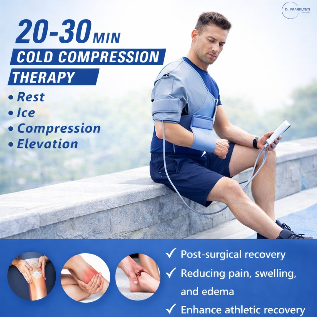 Dr. Franklyn's portable leg compression machine with grey wrap and digital controller for circulation and recovery. 2