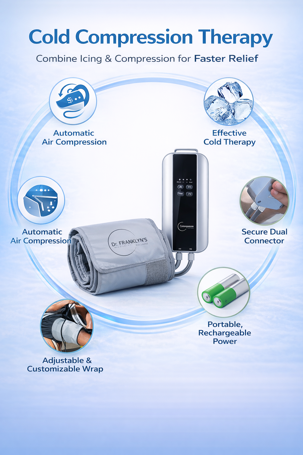 Dr. Franklyn's portable leg compression machine with grey wrap and digital controller for circulation and recovery. 3