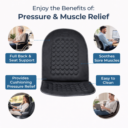 Ergonomic black seat cushion with back support and breathable bubble design for office chair comfort. 2