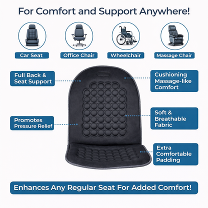 Ergonomic black seat cushion with back support and breathable bubble design for office chair comfort. 3
