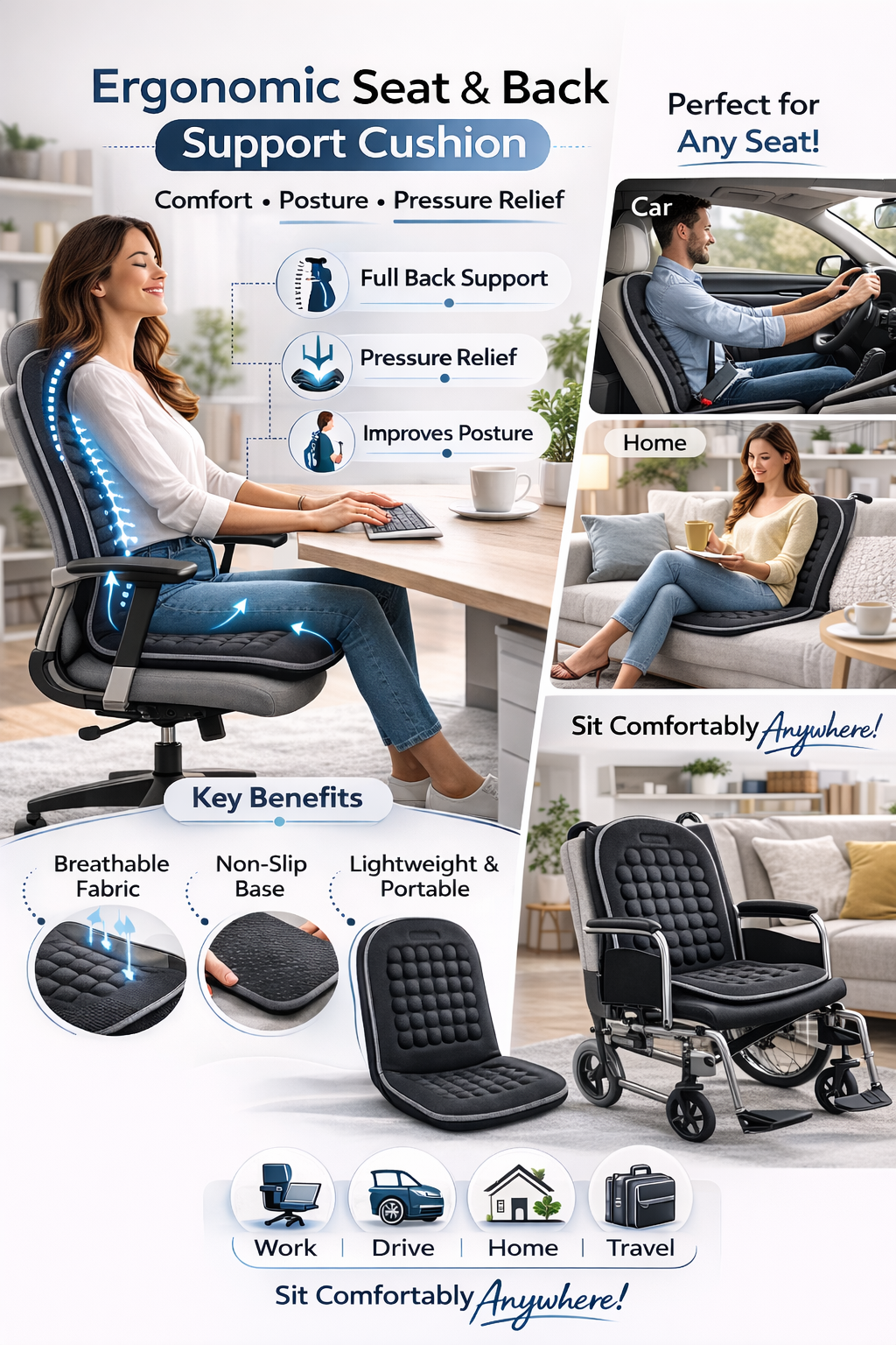 Ergonomic black seat cushion with back support and breathable bubble design for office chair comfort. 4