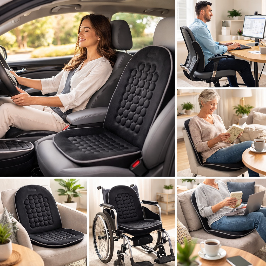 Ergonomic black seat cushion with back support and breathable bubble design for office chair comfort. 5