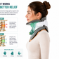 A woman shown in side profile wearing a cervical traction neck brace, with explanatory text and before/after anatomical diagrams on a white background. The image is informational rather than a clean standalone product shot.