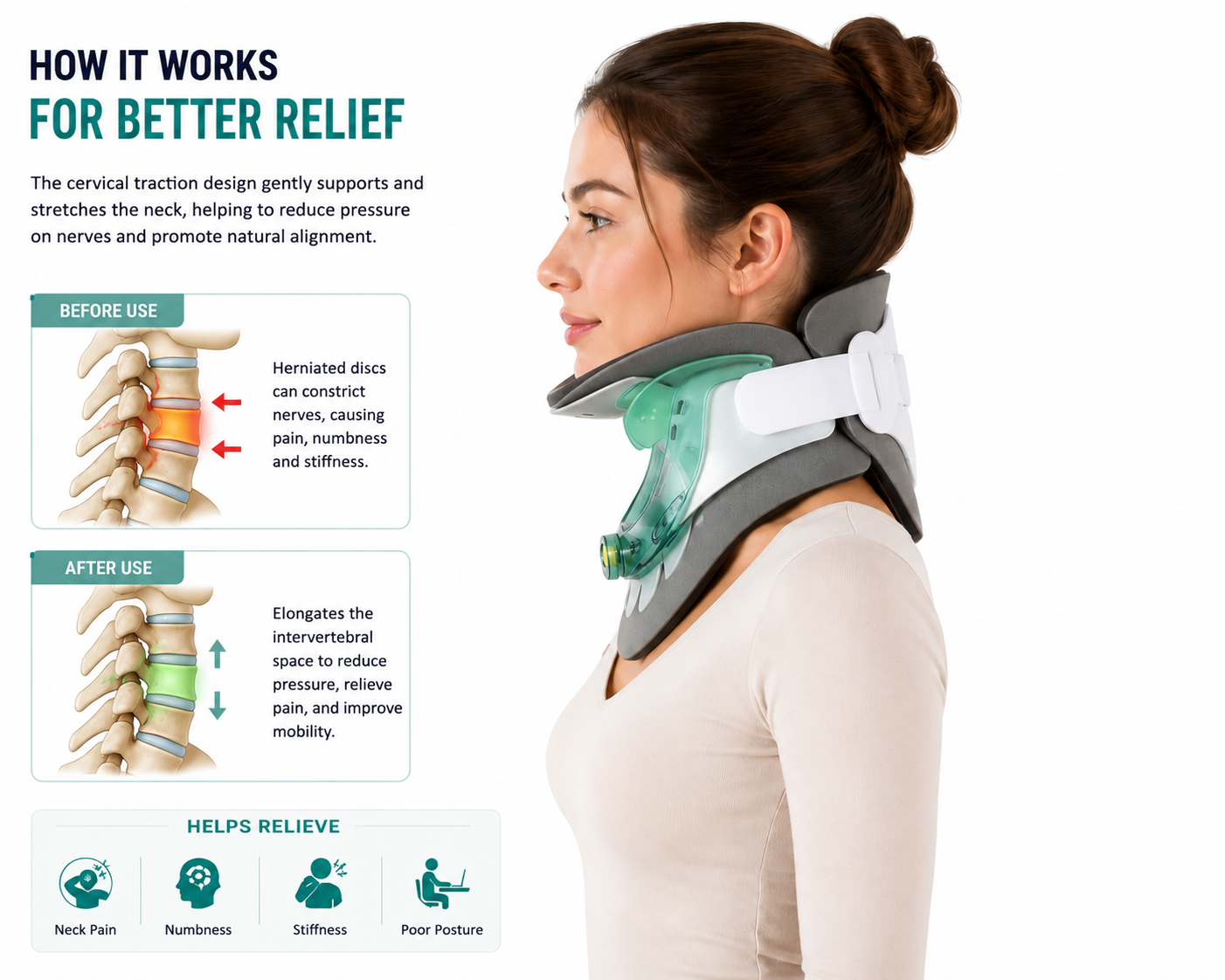A woman shown in side profile wearing a cervical traction neck brace, with explanatory text and before/after anatomical diagrams on a white background. The image is informational rather than a clean standalone product shot.