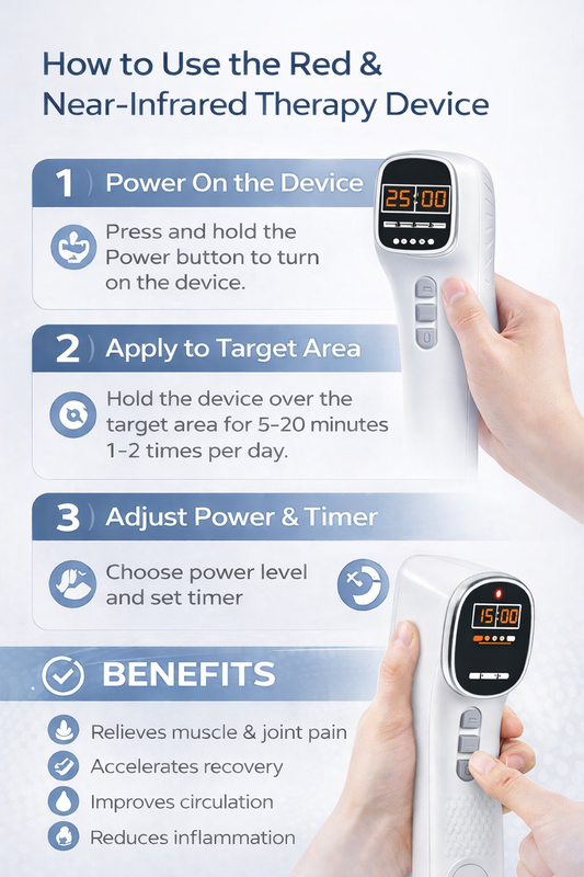Handheld cold laser therapy device for pain relief with LED display showing timer and power levels. Front view shows red and infrared light diodes on a white ergonomic wand. 2