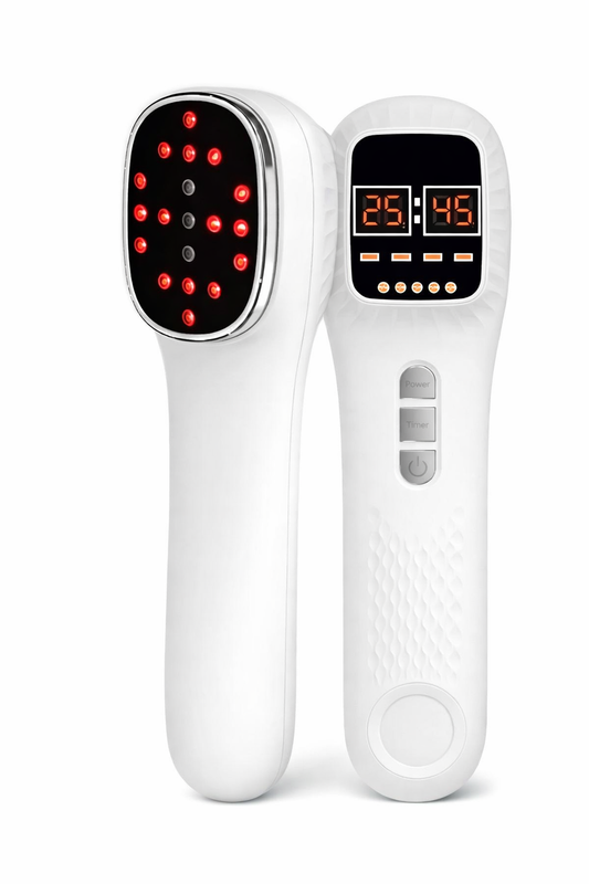 Handheld cold laser therapy device for pain relief with LED display showing timer and power levels. Front view shows red and infrared light diodes on a white ergonomic wand