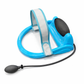 Inflatable neck traction device with adjustable strap and hand pump for cervical spine relief. 