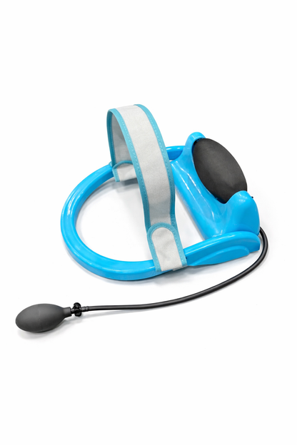 Inflatable neck traction device with adjustable strap and hand pump for cervical spine relief. 