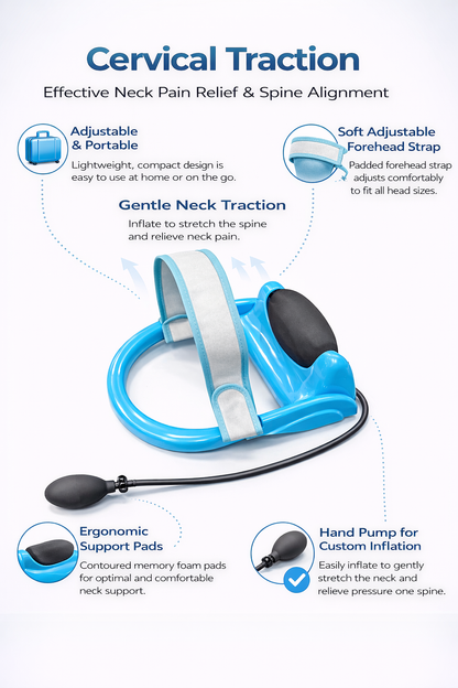 Inflatable neck traction device with adjustable strap and hand pump for cervical spine relief. 1