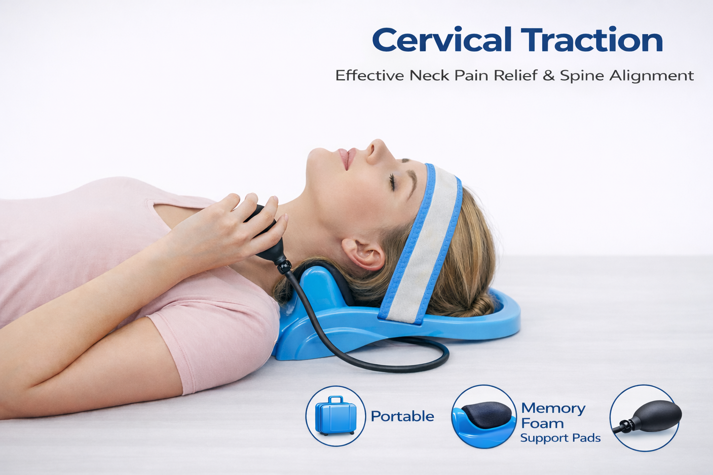 Inflatable neck traction device with adjustable strap and hand pump for cervical spine relief. 2