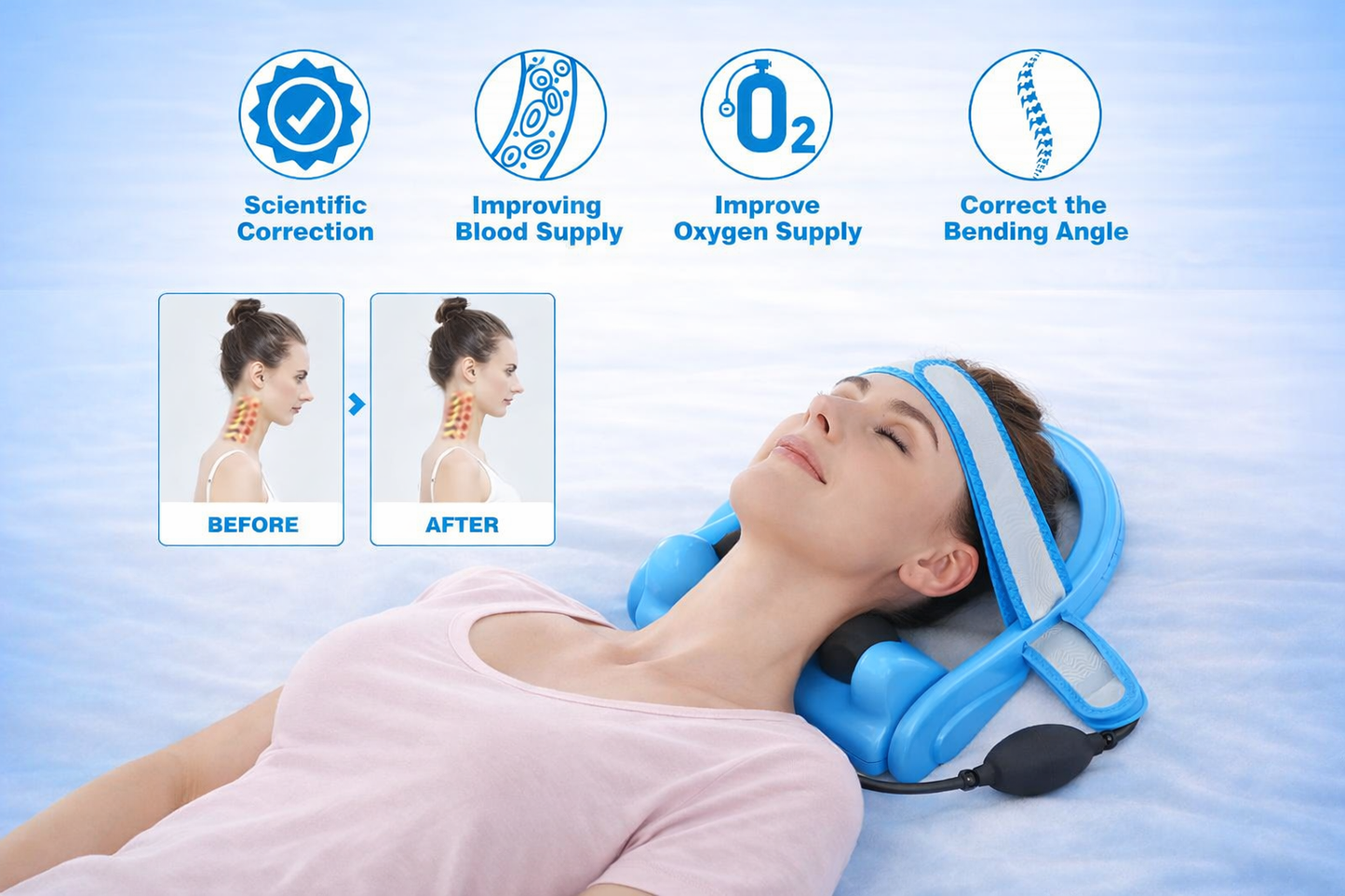 Inflatable neck traction device with adjustable strap and hand pump for cervical spine relief. 3