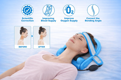 Inflatable neck traction device with adjustable strap and hand pump for cervical spine relief. 3