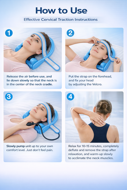 Inflatable neck traction device with adjustable strap and hand pump for cervical spine relief. 4