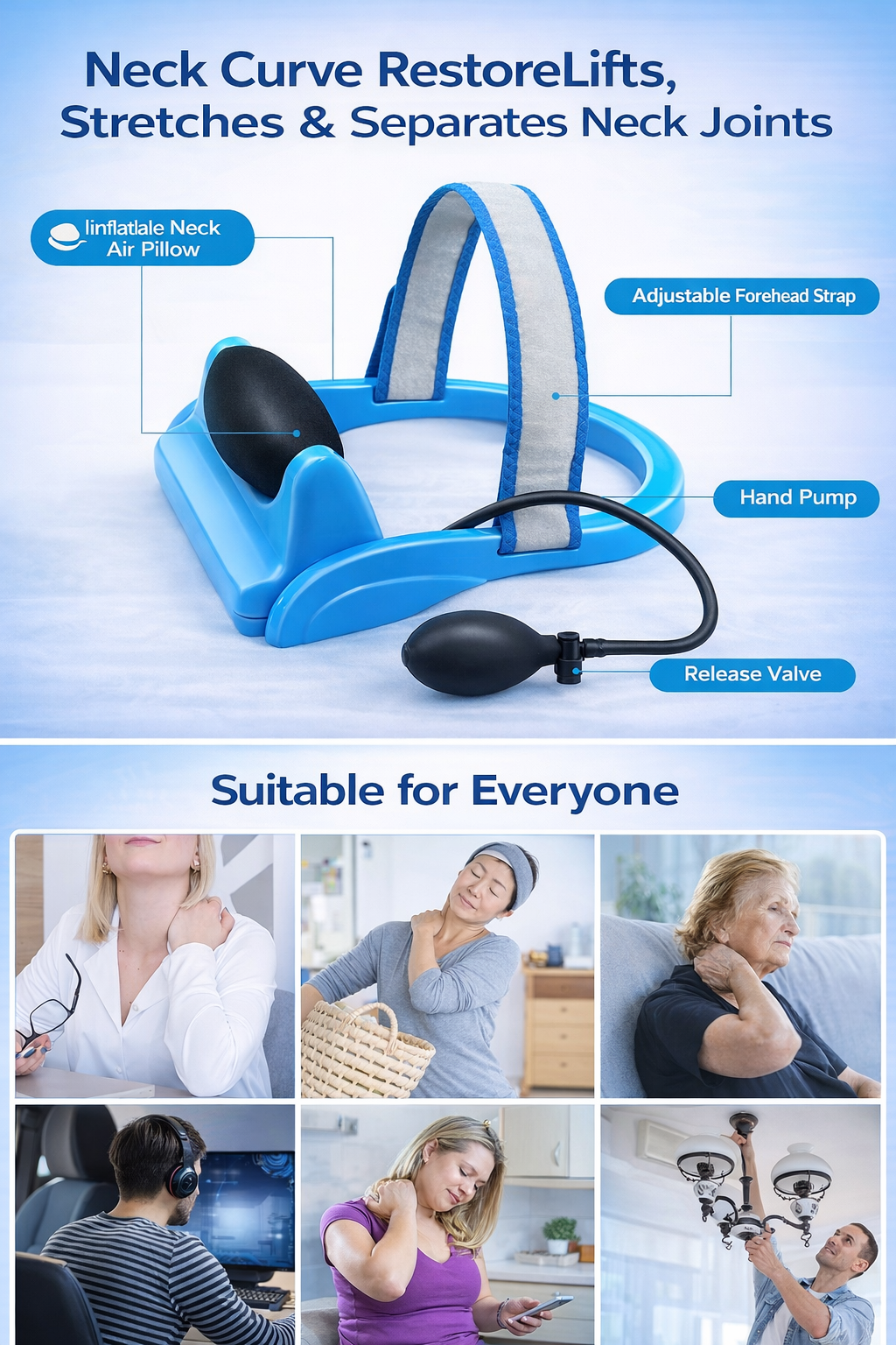 Inflatable neck traction device with adjustable strap and hand pump for cervical spine relief. 5
