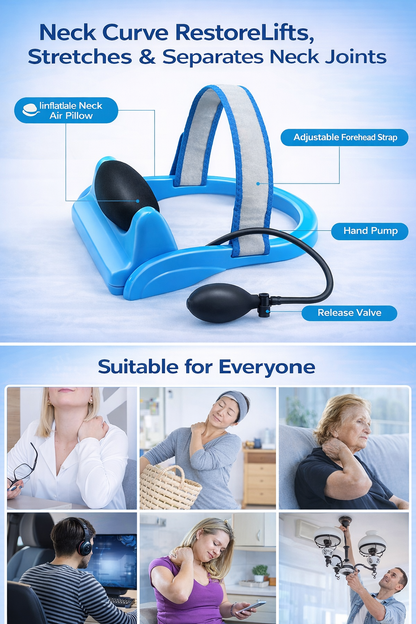 Inflatable neck traction device with adjustable strap and hand pump for cervical spine relief. 5