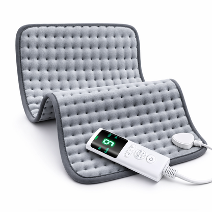 Large electric heating pad for back and shoulder pain relief with 6 heat settings, auto-shutoff timer, and soft microplush fabric. 