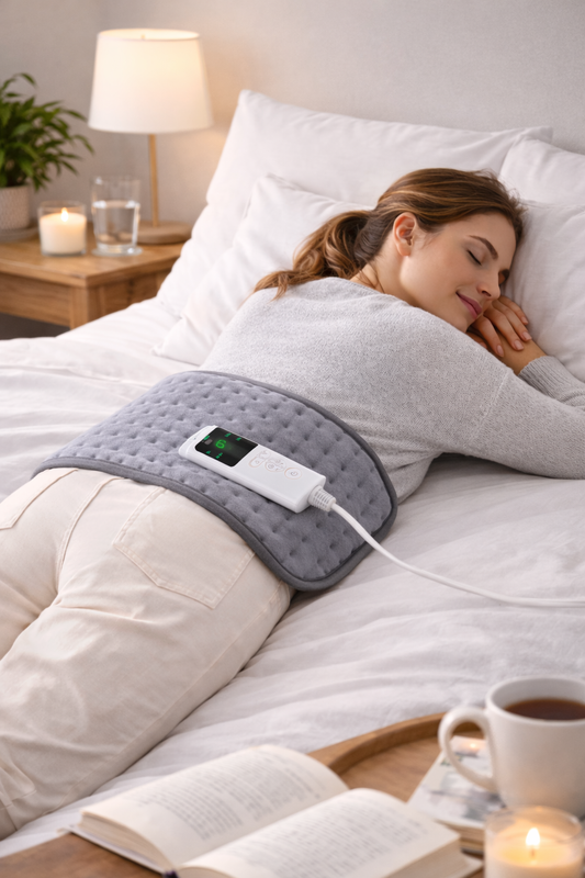 Large electric heating pad for back and shoulder pain relief with 6 heat settings, auto-shutoff timer, and soft microplush fabric. 1