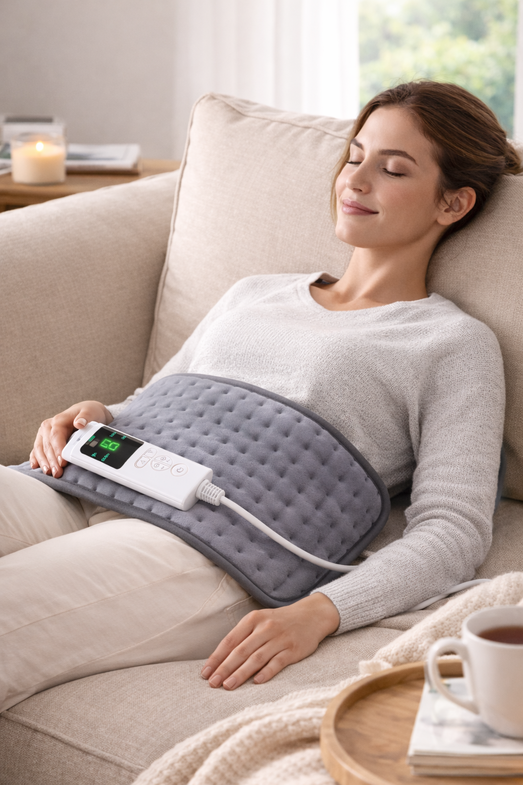 Large electric heating pad for back and shoulder pain relief with 6 heat settings, auto-shutoff timer, and soft microplush fabric. 2