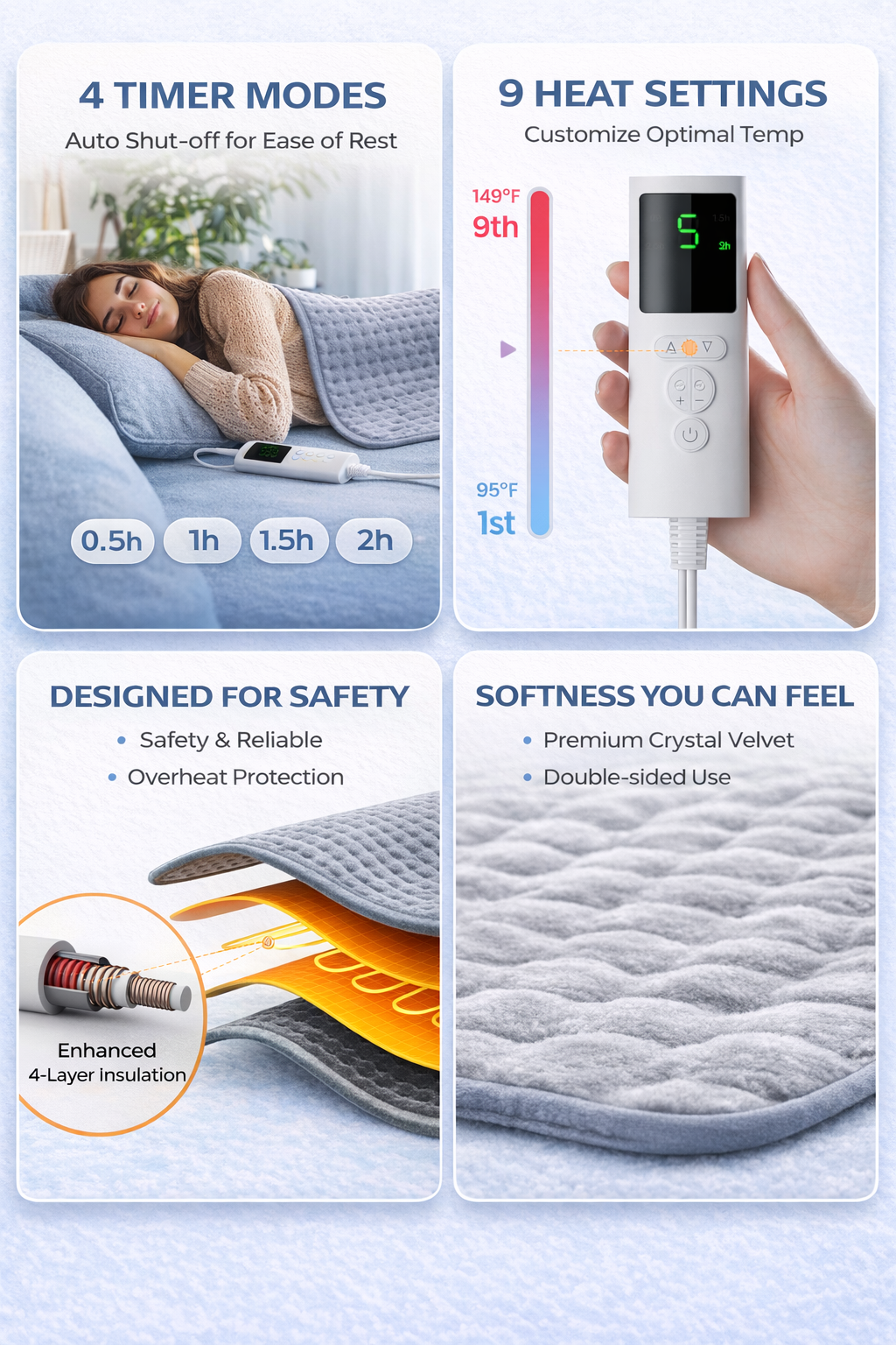 Large electric heating pad for back and shoulder pain relief with 6 heat settings, auto-shutoff timer, and soft microplush fabric. 3