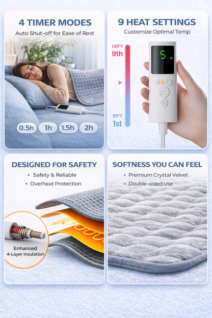 Large electric heating pad for back and shoulder pain relief with 6 heat settings, auto-shutoff timer, and soft microplush fabric. 3