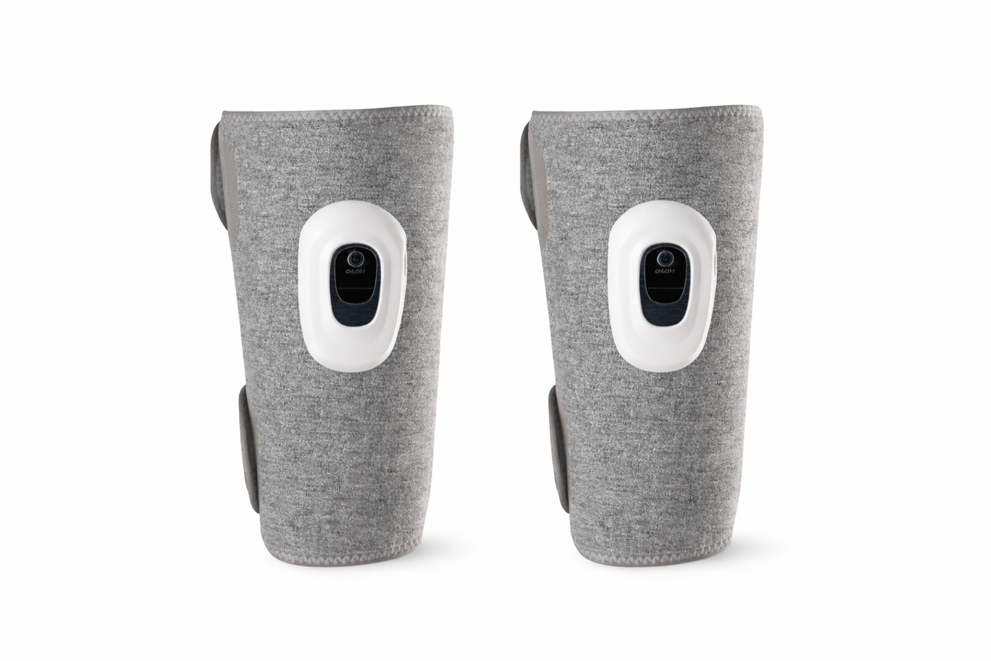Pair of gray cordless air compression leg massagers with built-in LCD control panels for calf muscle recovery and circulation. 