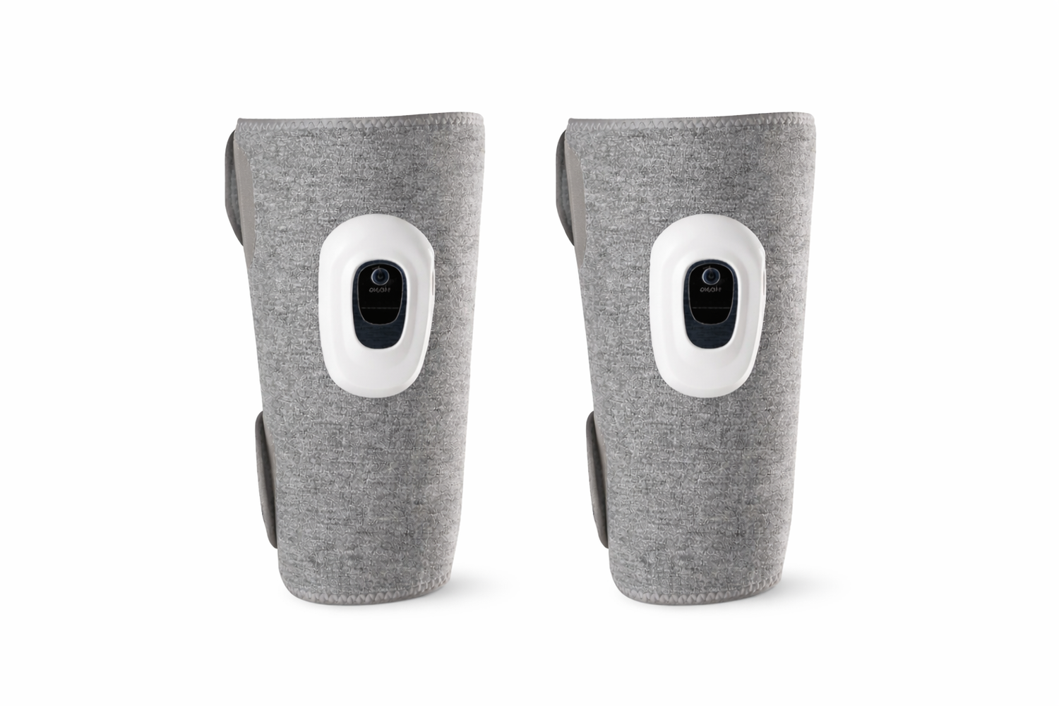 Pair of gray cordless air compression leg massagers with built-in LCD control panels for calf muscle recovery and circulation. 