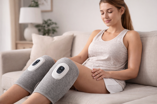 Pair of gray cordless air compression leg massagers with built-in LCD control panels for calf muscle recovery and circulation. 1