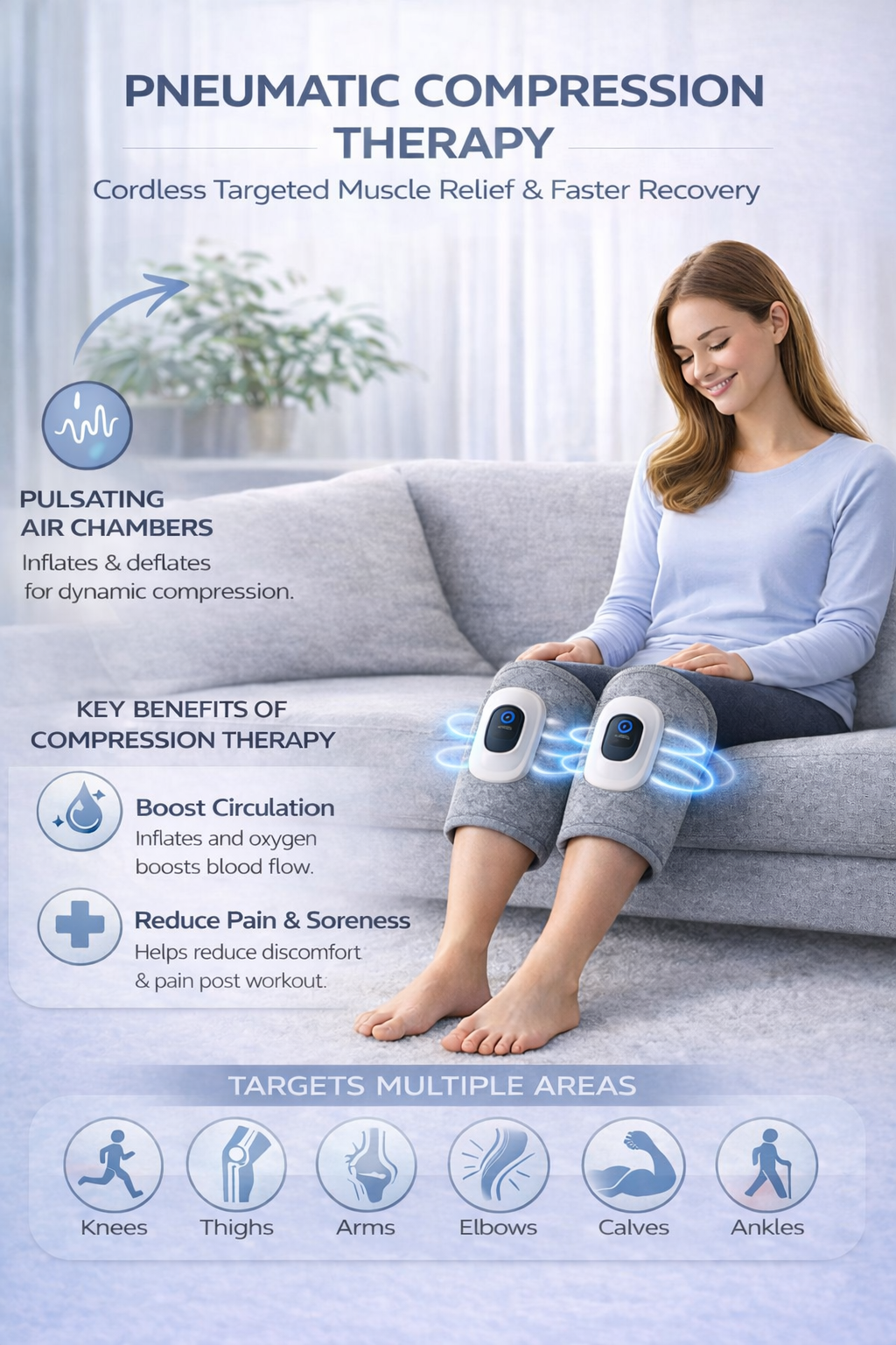 Pair of gray cordless air compression leg massagers with built-in LCD control panels for calf muscle recovery and circulation. 2