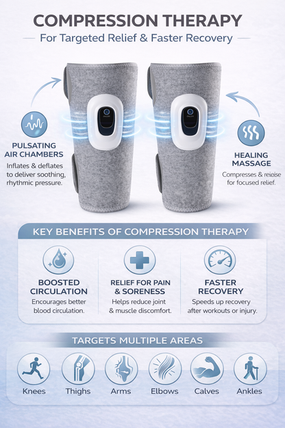 Pair of gray cordless air compression leg massagers with built-in LCD control panels for calf muscle recovery and circulation. 3
