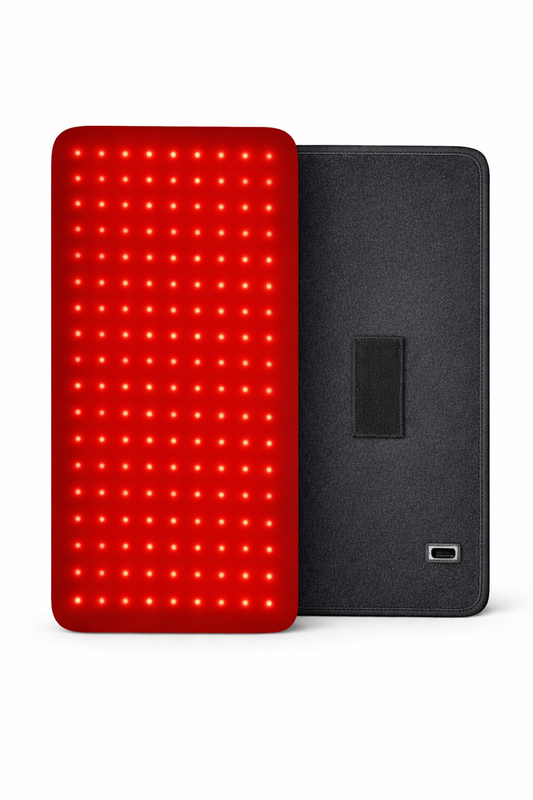 Portable red light therapy wrap with dual-sided design showing 120 LED diodes and black fabric backing with Velcro strap. 