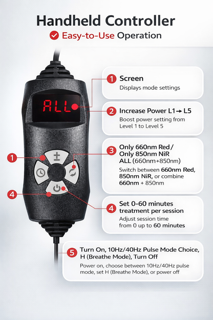 Portable red light therapy wrap with dual-sided design showing 120 LED diodes and black fabric backing with Velcro strap. 1