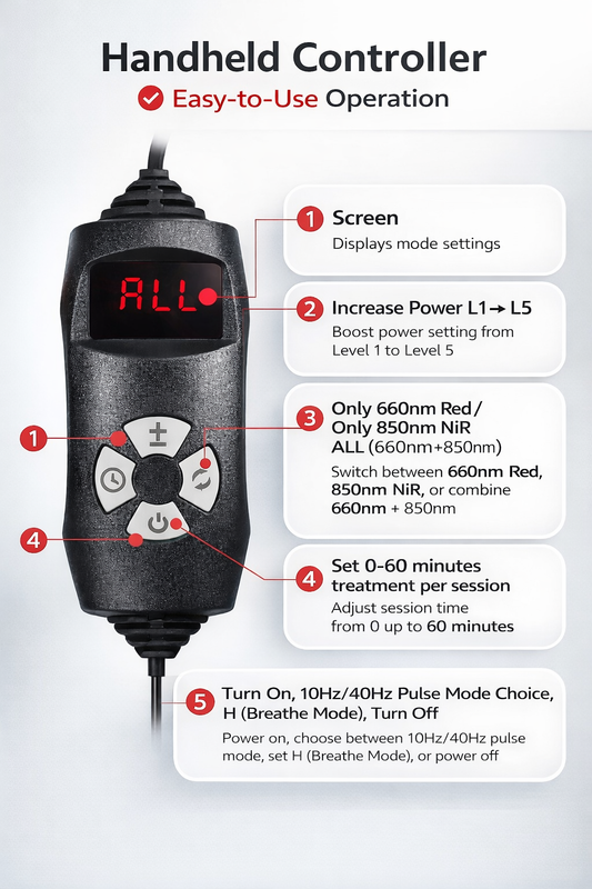Portable red light therapy wrap with dual-sided design showing 120 LED diodes and black fabric backing with Velcro strap. 1
