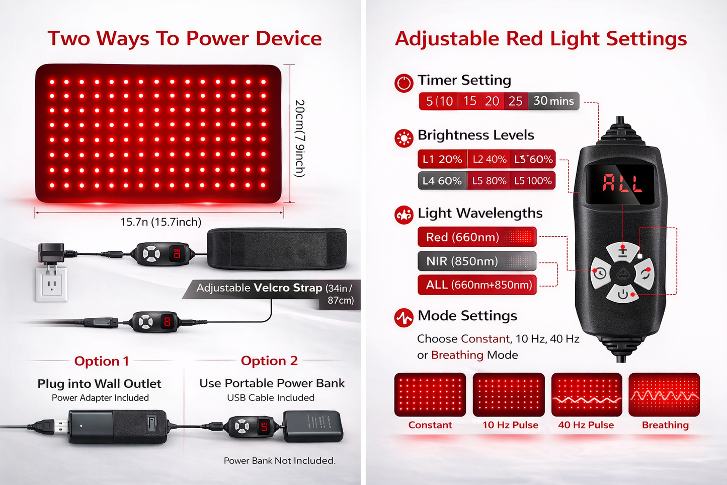 Portable red light therapy wrap with dual-sided design showing 120 LED diodes and black fabric backing with Velcro strap. 2