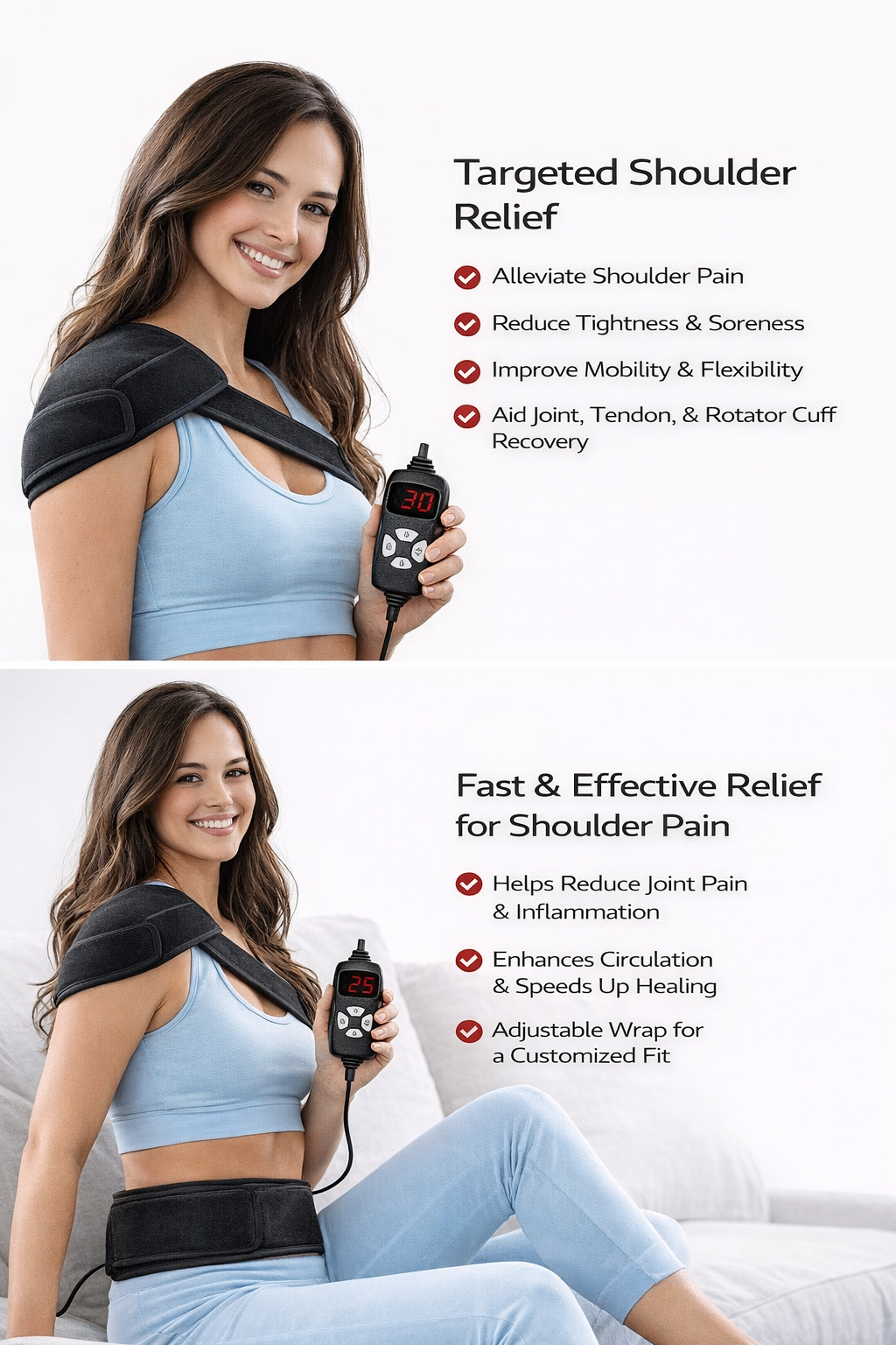 Portable red light therapy wrap with dual-sided design showing 120 LED diodes and black fabric backing with Velcro strap. 3