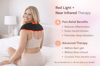 Portable red light therapy wrap with dual-sided design showing 120 LED diodes and black fabric backing with Velcro strap. 4