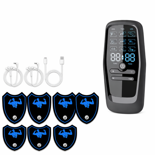 Rechargeable Dual-Channel TENS EMS Muscle Stimulator with 7 Blue Muscle Shield Electrode Pads and USB Charging Cable for Full Body Pain Relief and Recovery. 