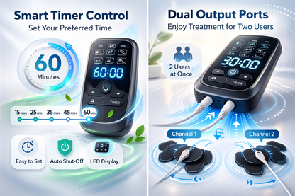 Rechargeable Dual-Channel TENS EMS Muscle Stimulator with 7 Blue Muscle Shield Electrode Pads and USB Charging Cable for Full Body Pain Relief and Recovery. 2