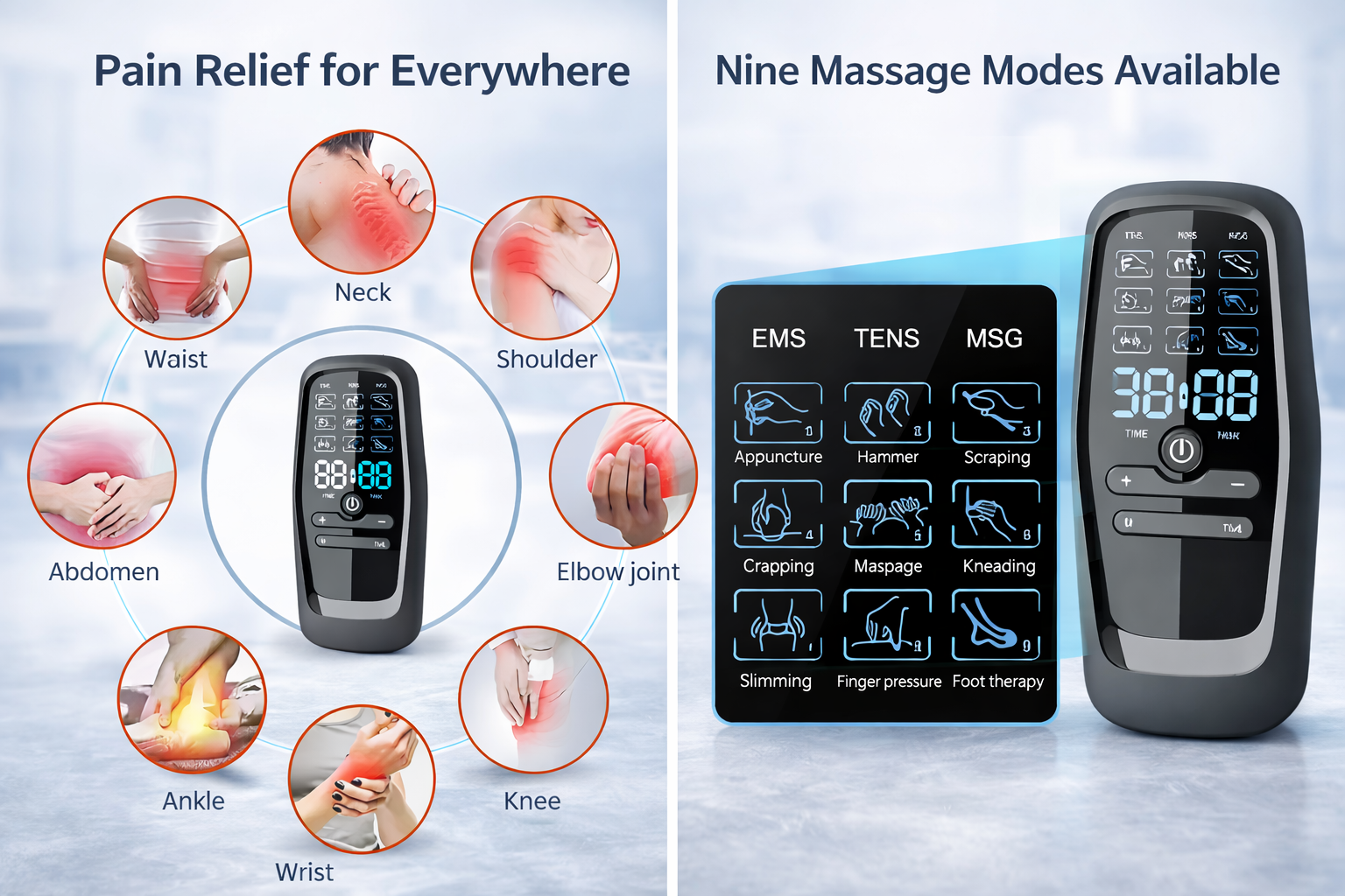 Rechargeable Dual-Channel TENS EMS Muscle Stimulator with 7 Blue Muscle Shield Electrode Pads and USB Charging Cable for Full Body Pain Relief and Recovery. 3