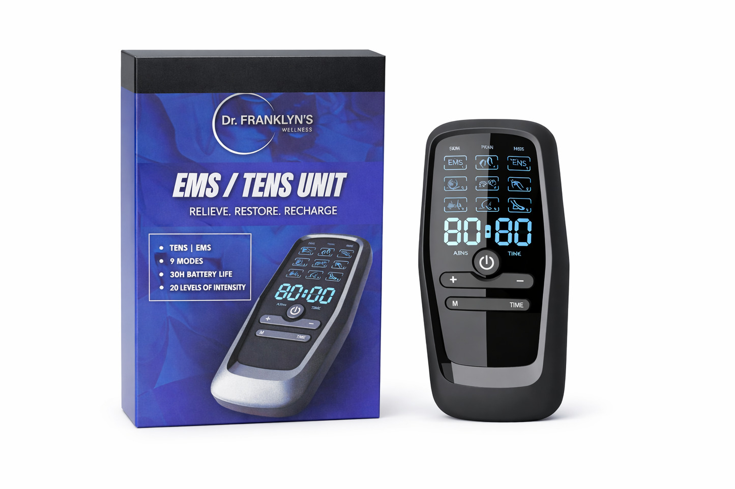 Rechargeable Dual-Channel TENS EMS Muscle Stimulator with 7 Blue Muscle Shield Electrode Pads and USB Charging Cable for Full Body Pain Relief and Recovery. 6