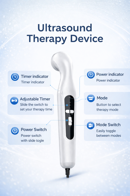 White handheld electric body massager with ergonomic handle and adjustable speed controls for deep tissue muscle relief. 2